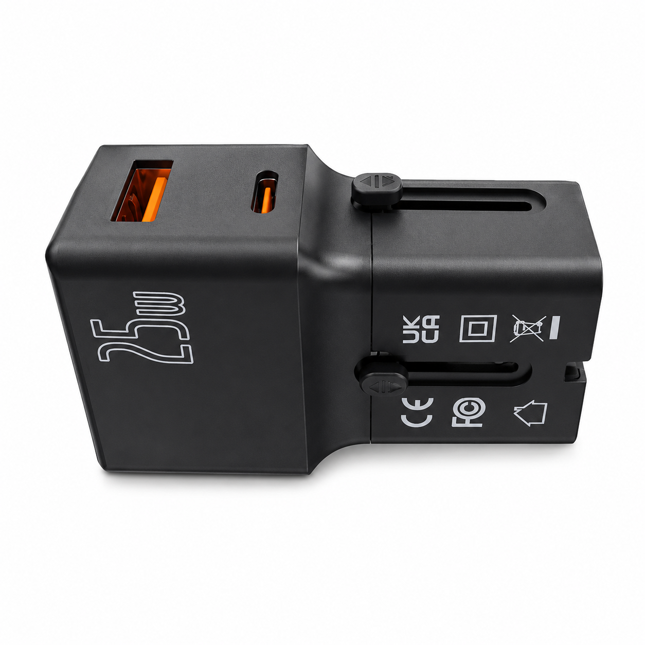Adaptateur de voyage SANTA BARBARA 25W compact noir vue de face — Connecto.ma Maroc